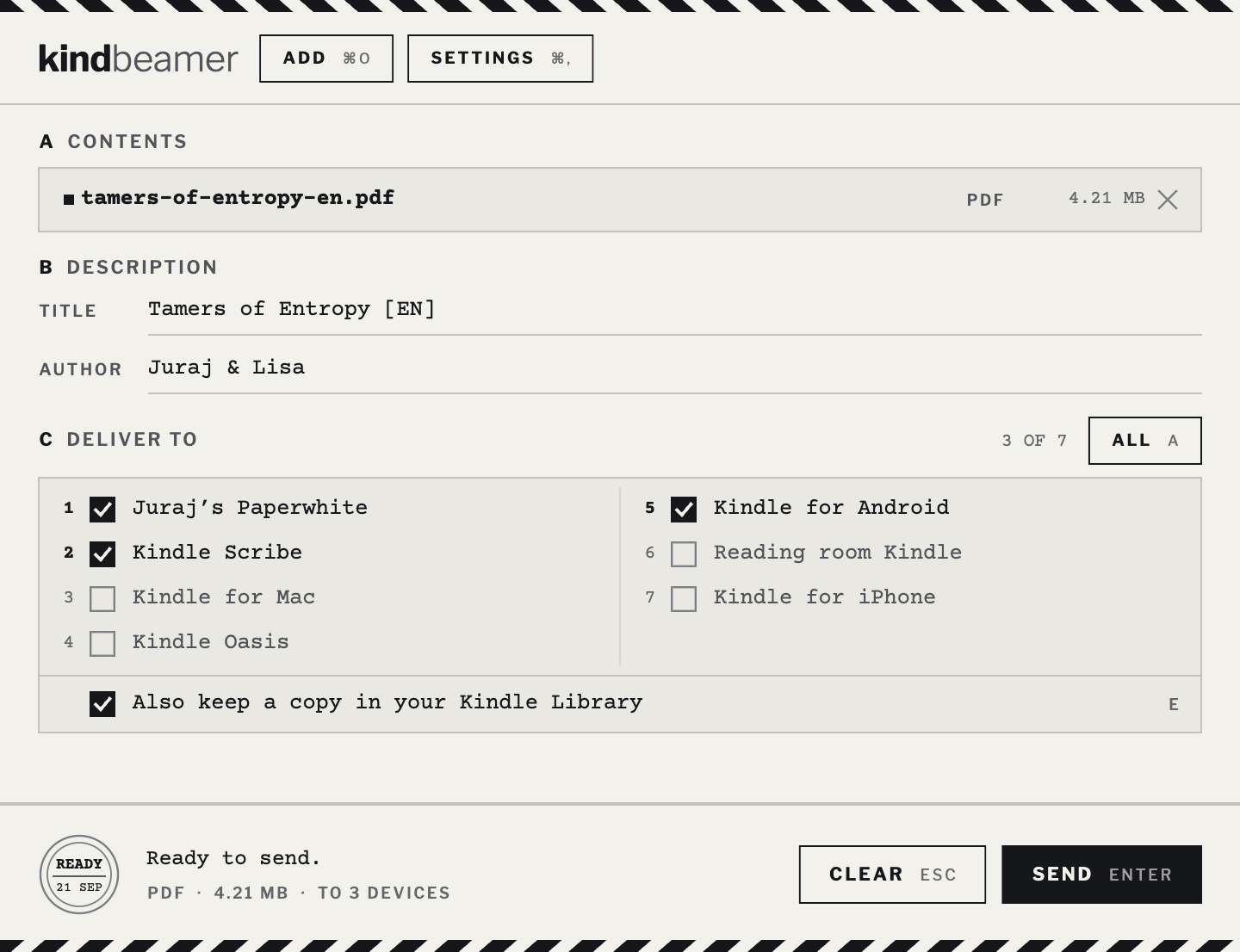 The KindBeamer window: a dispatch label with a queued PDF in section A, its title and author in section B, seven Kindle devices in two numbered columns in section C with three ticked, and a postmark beside the Send button.