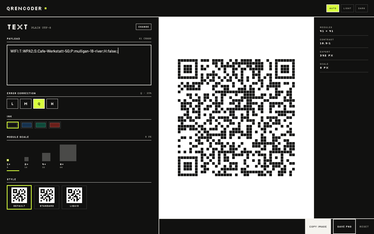 The same editor in the dark theme: near-black chrome, newsprint text, lime accents, the appearance keys Auto, Light and Dark in the top bar, and a white plate holding the black symbol.