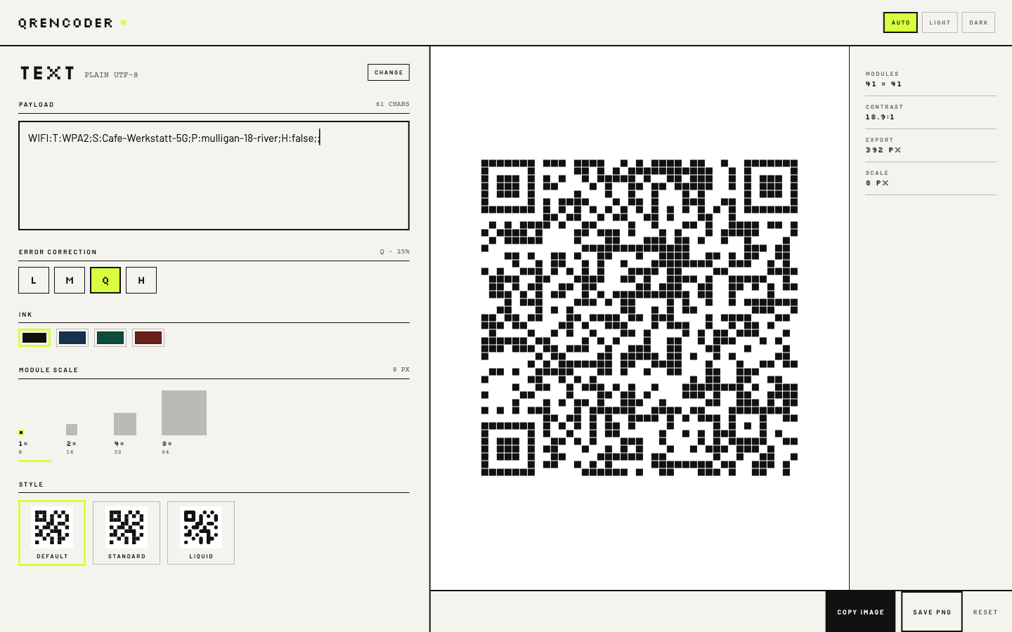 QREncoder’s editor: the payload type TEXT at the top left with a Change key, a payload field, error correction, ink and style controls, the encoded symbol on a white plate in the centre, and modules, contrast, export size and scale in the right margin.
