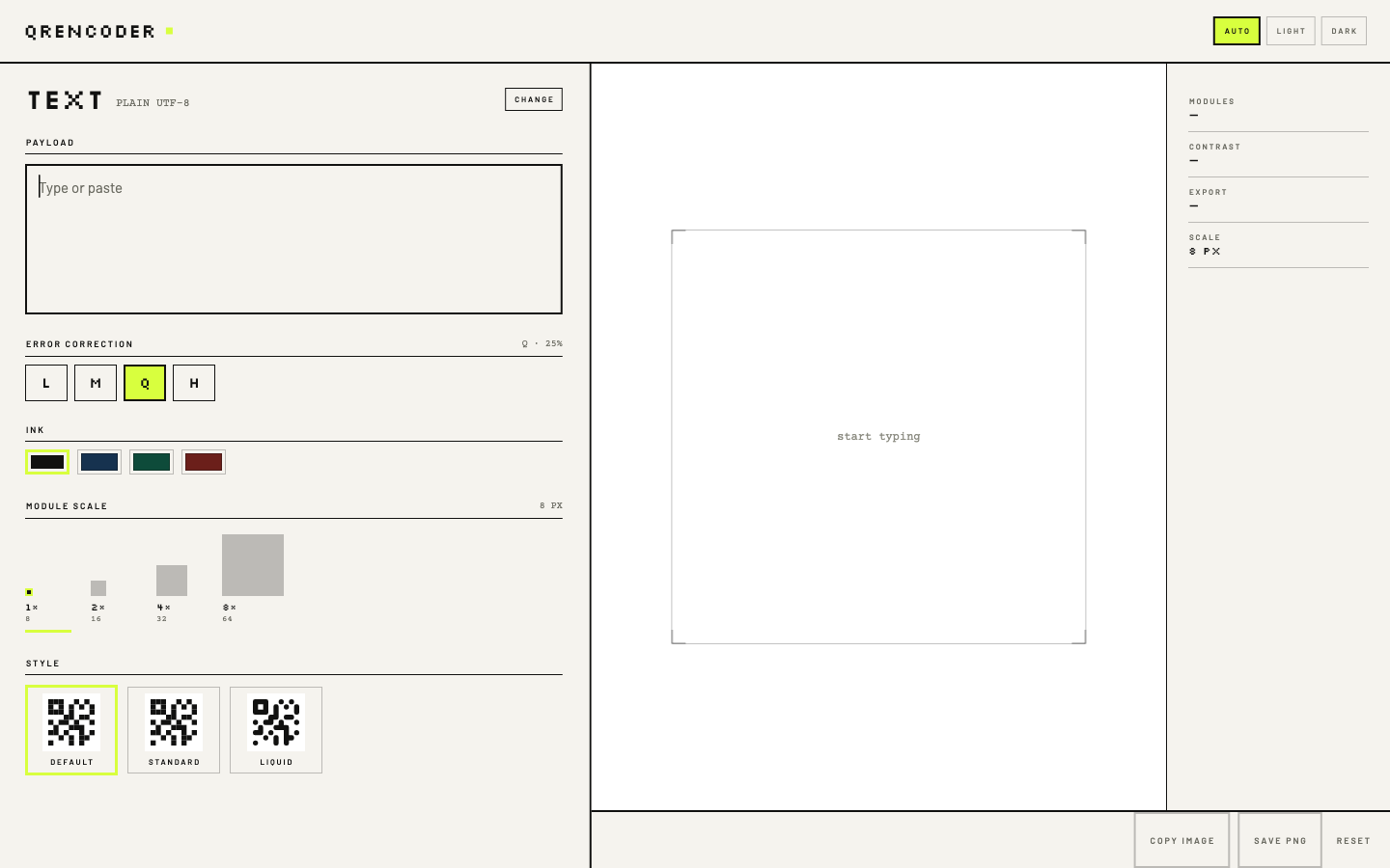 The empty editor: a payload field holding the words Type or paste, the error-correction keys L M Q H with Q selected, four ink swatches, the module-scale ladder, three style chips, and an empty square plate.