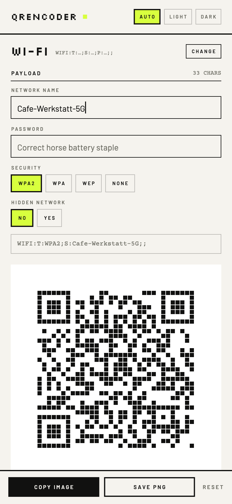 The Wi-Fi template at phone width: network name, password, security keys, the composed string, and the symbol below.