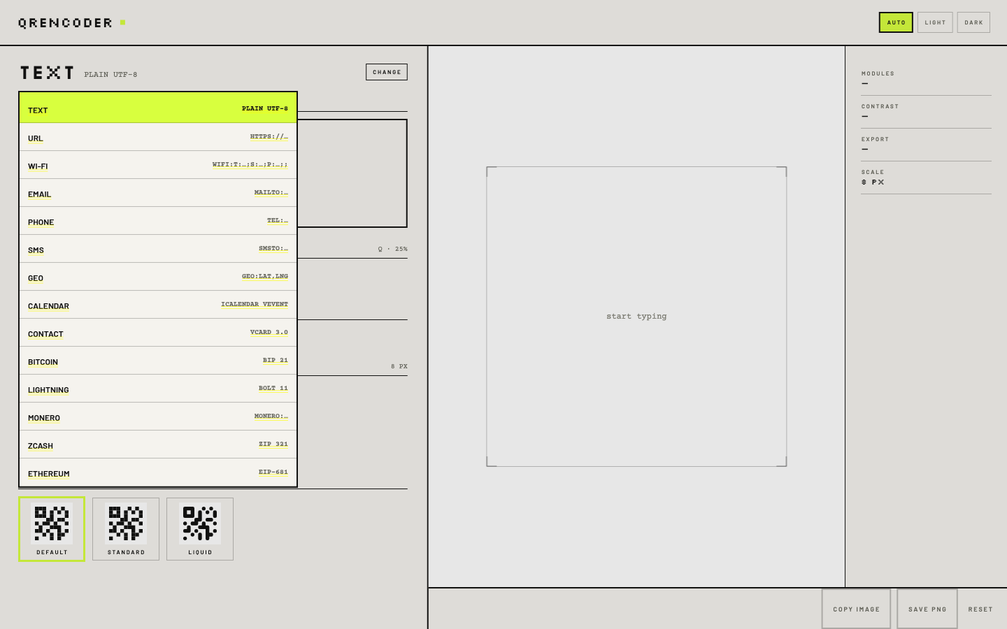The template list open over the editor: fourteen rows from Text to Ethereum, each with the string format it composes, the current one filled in lime.