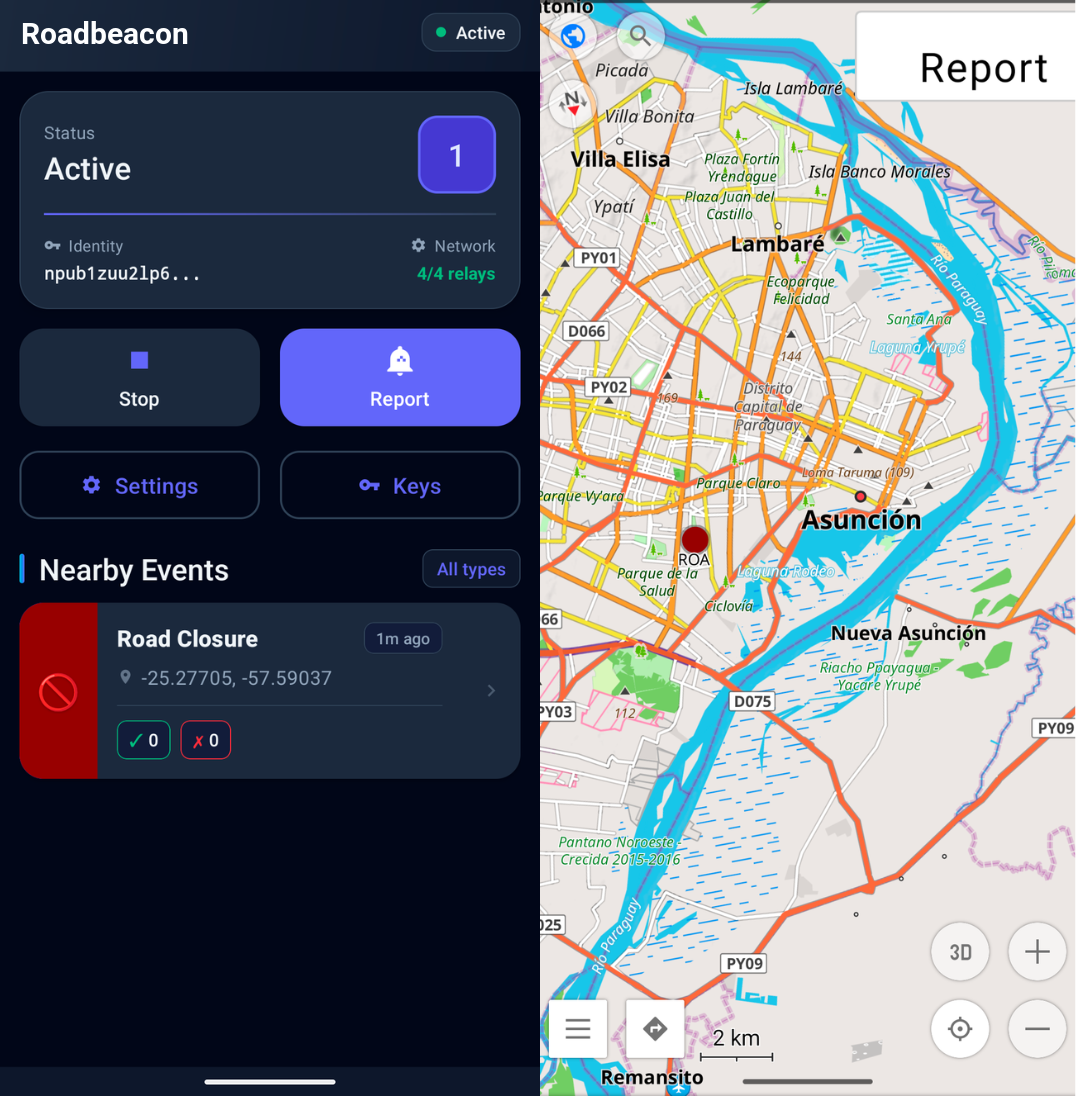 Roadbeacon Android app next to OsmAnd showing events and a Report button