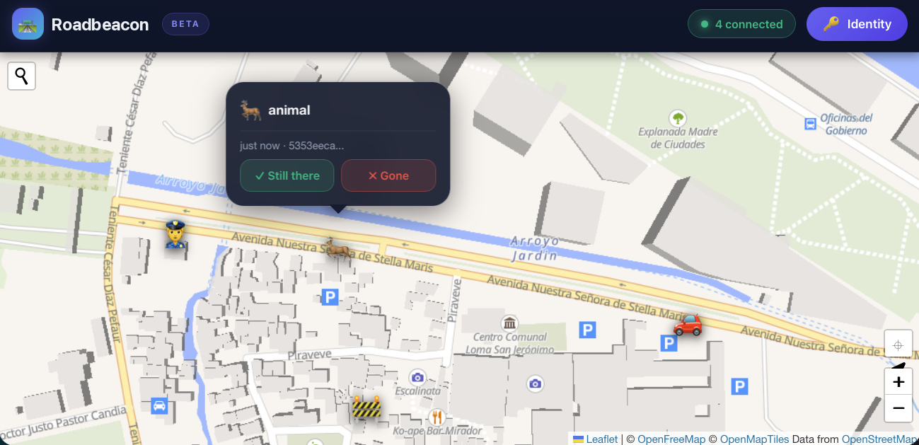 Roadbeacon web app: a map with report markers and a popup with Still there and Gone buttons
