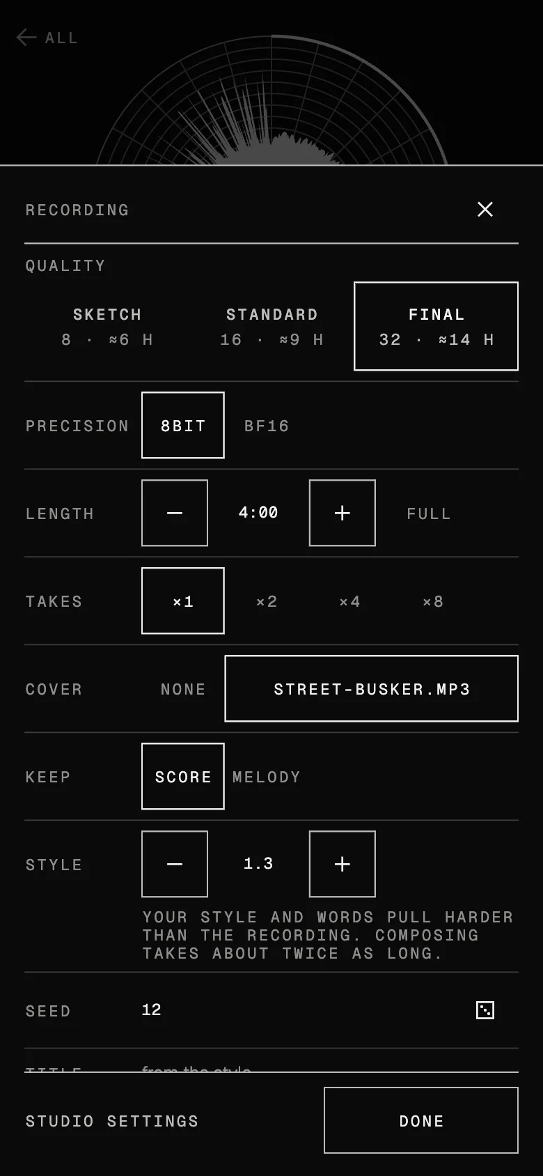 Phone recording settings for a cover: quality presets with time estimates, the Cover row set to a recording, Keep set to SCORE with MELODY as the other choice, and Style at 1.3 with the note that your style and words pull harder than the recording.
