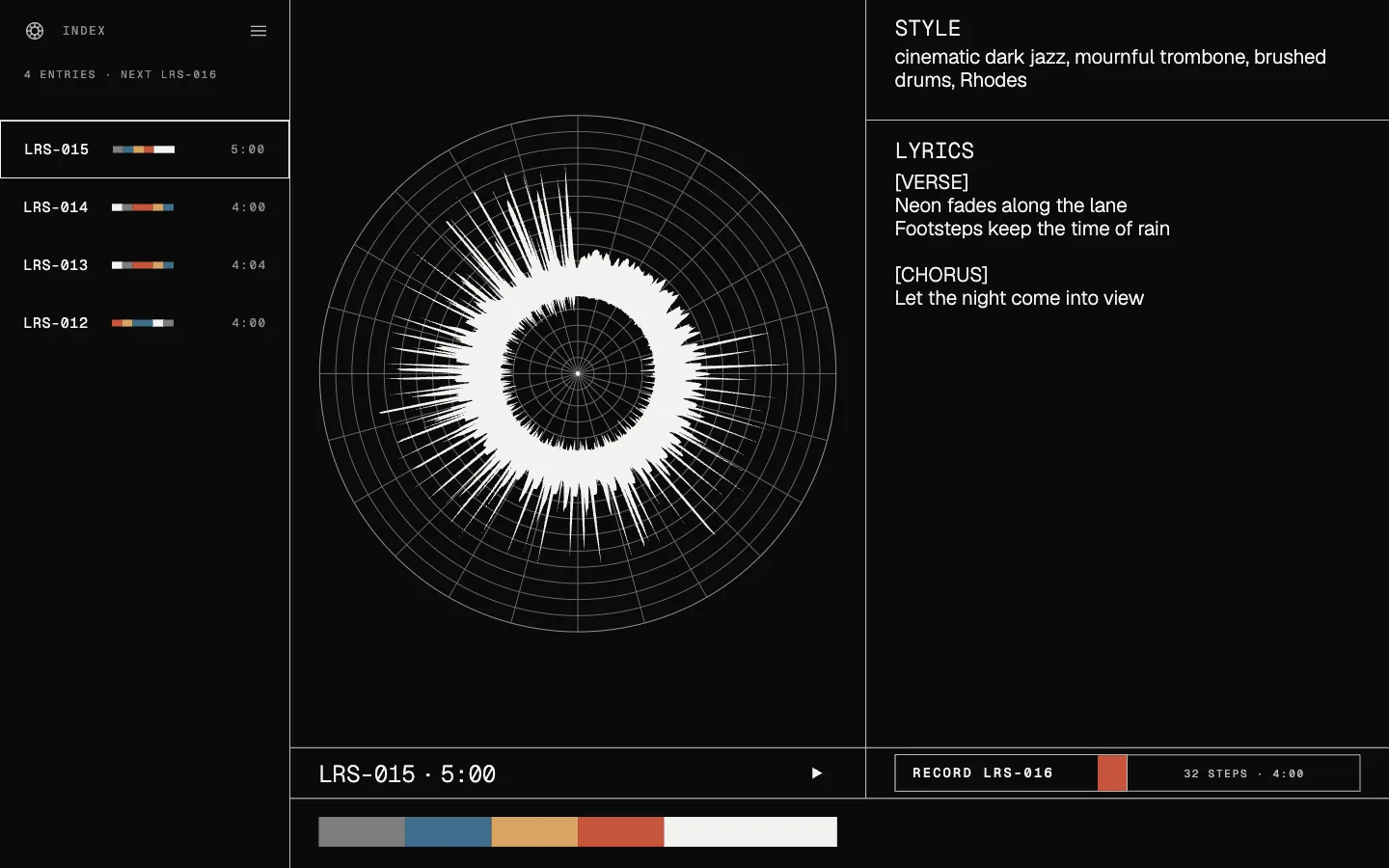 Desktop window: song index on the left with catalogue numbers LRS-012 to LRS-015, a large polar pulse plot in the middle, style and lyrics on the right and a Record LRS-016 button.