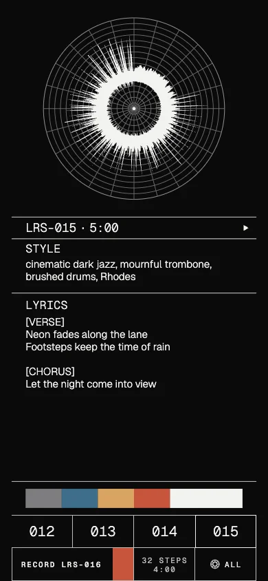 Phone screen with the polar plot of LRS-015, its style and lyrics, the colour code strip and a Record LRS-016 button.