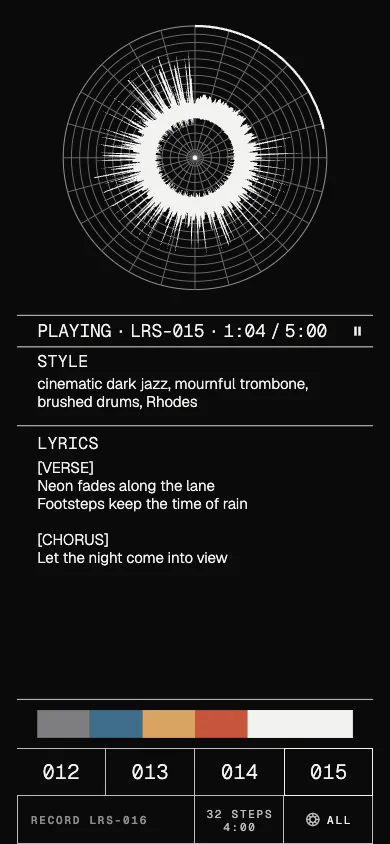 Phone screen playing LRS-015 at 1:04 of 5:00, with a progress arc on the outer ring of the polar plot.