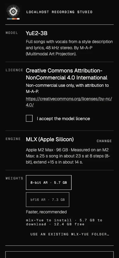 Model setup screen: YuE2-3B by M-A-P, its CC BY-NC 4.0 licence with an accept checkbox, the MLX engine and a choice of weights.
