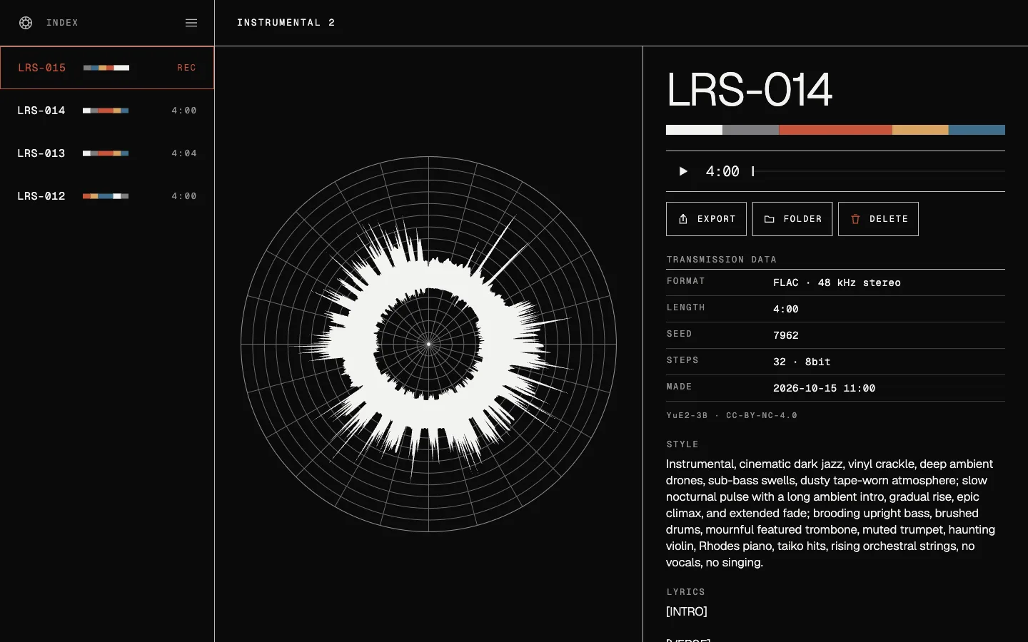 Desktop song detail for LRS-014: play controls, export buttons, format FLAC 48 kHz stereo, seed, steps and the model licence YuE2-3B CC-BY-NC-4.0.