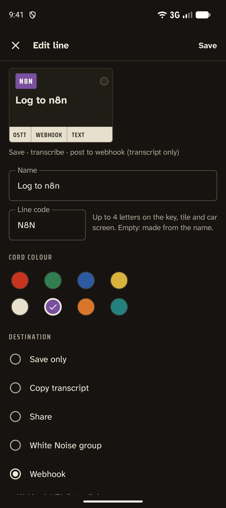 Editing a line: the key as it will look, name, line code, cord colour and destination