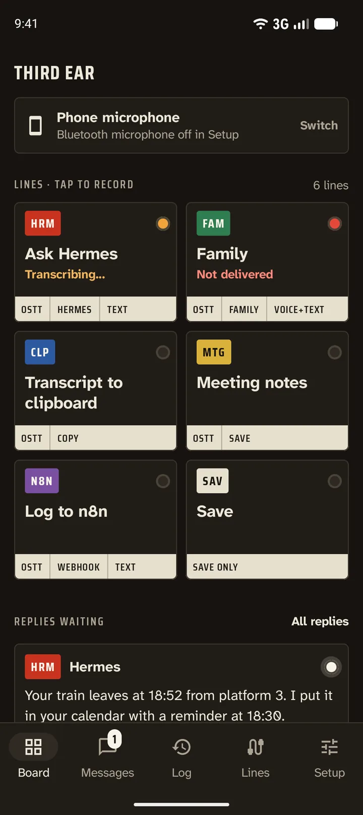 Board right after a stop: Ask Hermes is transcribing (amber lamp), Family was not delivered (red lamp)