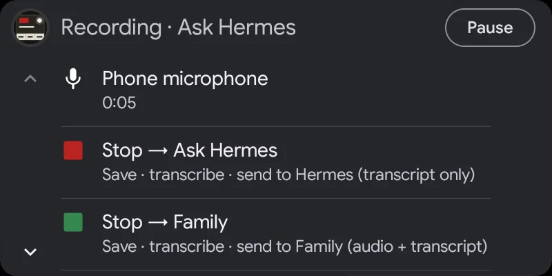 Android Auto while recording on Ask Hermes: the microphone and the time, Pause, and a Stop → row for each line