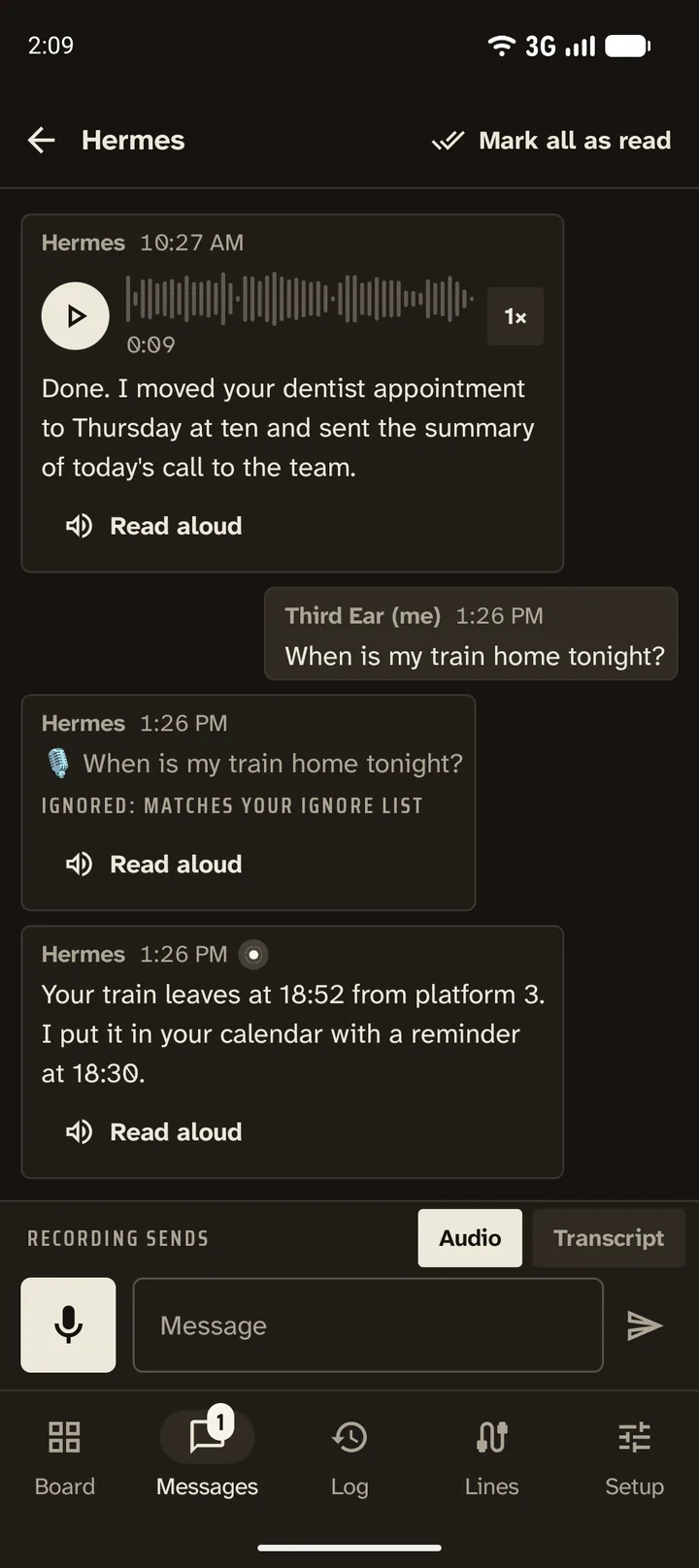Messages, the Hermes group: a voice message with its waveform at 1×, the question asked from Third Ear, the unread answer with Read aloud, and an echoed transcript ignored by the 🎙️ entry