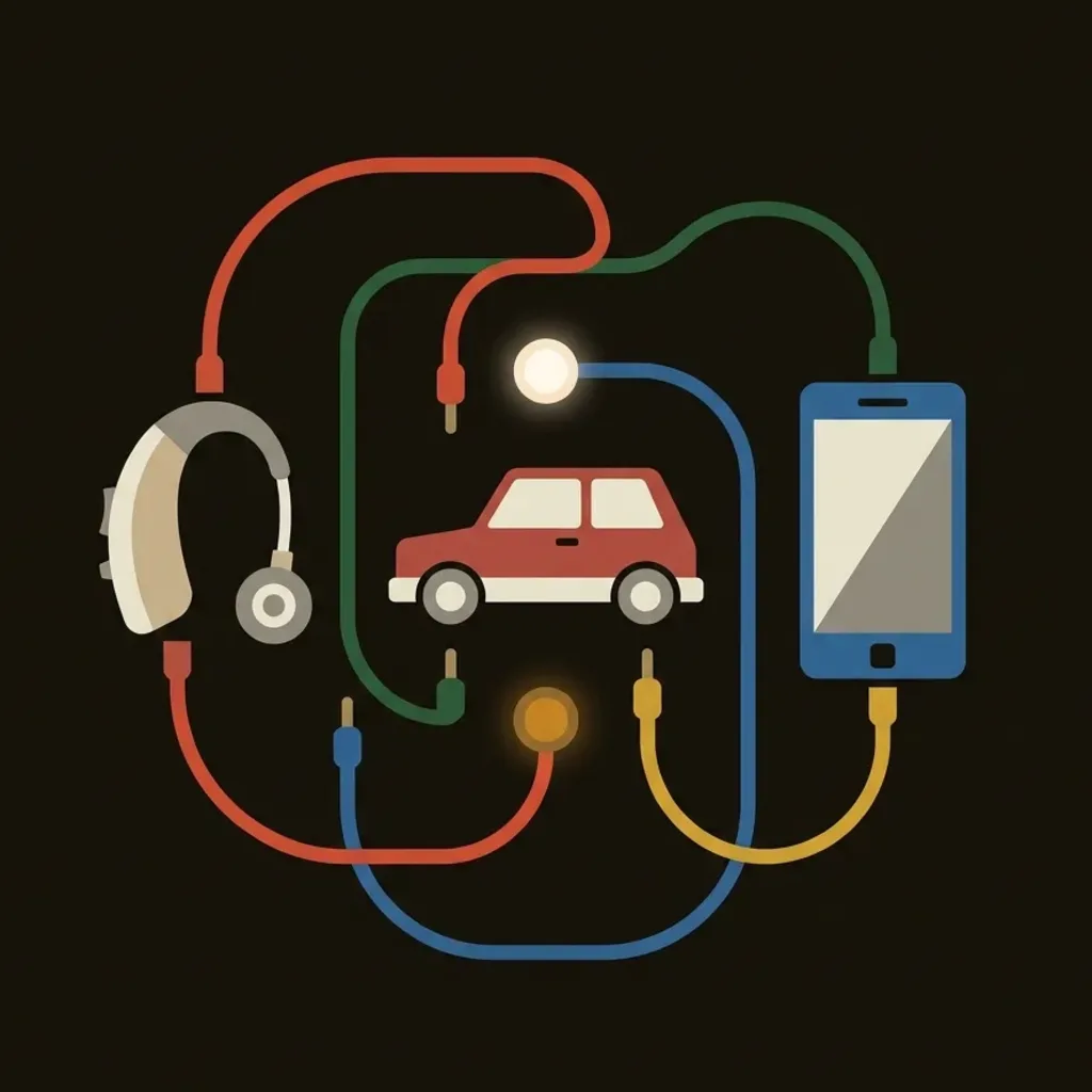 Illustration: a hearing aid, a car and a phone connected by switchboard cords in red, green, blue and yellow, with a lit white lamp and an amber one