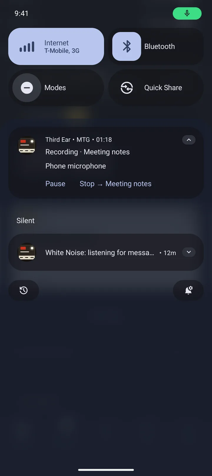 Recording notification in the line's colour, with Pause and "Stop → Meeting notes"