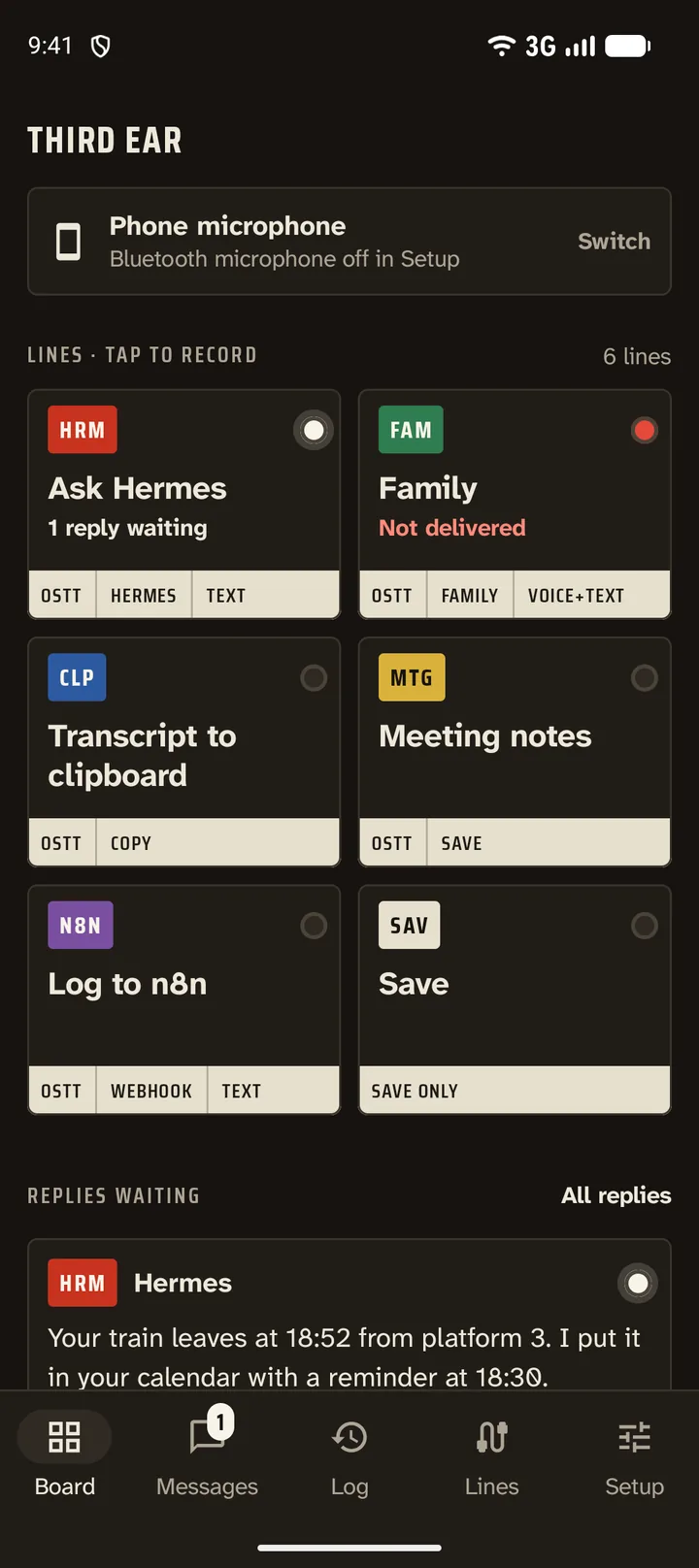Third Ear Board: six lines (Ask Hermes, Family, Transcript to clipboard, Meeting notes, Log to n8n, Save), each with a coloured code, a lamp and a printed strip saying what it does