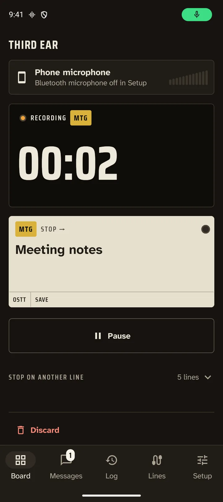 Recording screen: a large timer, and the line the recording started on as one big "Stop →" key, with Pause below and the other lines folded away